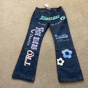 Adika Jeans Graphic Double Knee Flare Jeans Wide Leg NWT XLarge   - 1F1075